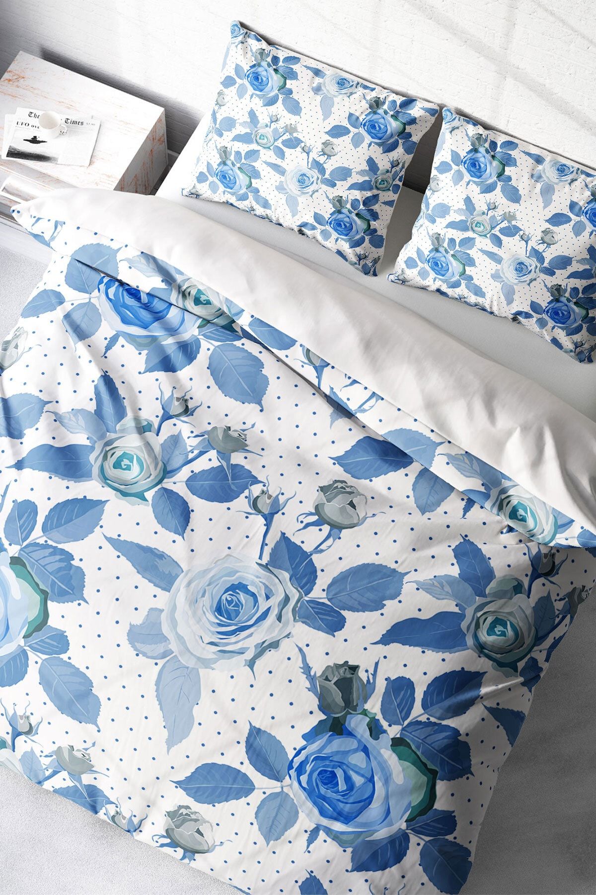 Çift Kişilik Nevresim Seti Sık Dokuma Pamuk Saten 3d Özel Tasarım Blue Rose Freshness(çarşafsızdır)