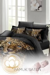 Leopar Çift Kişilik Nevresim Takımı Özel Dokuma Pamuk Saten Leopard Eyes