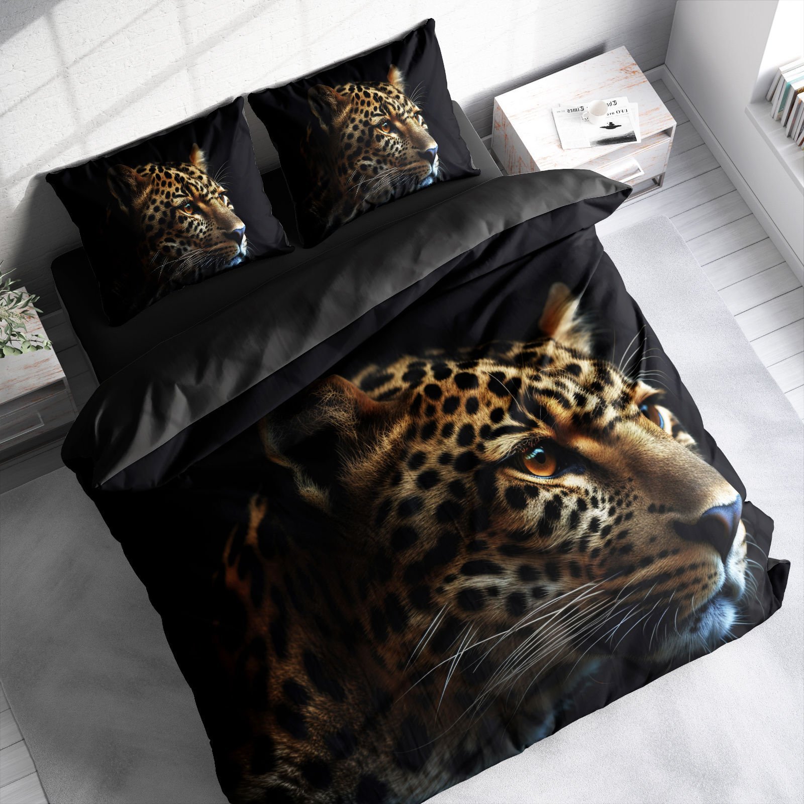 Leopar Çift Kişilik Nevresim Takımı Özel Dokuma Pamuk Saten Leopard Face