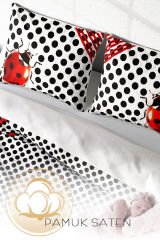 Lastikli Çarşaflı %100 Pamuk Saten Çift Kişilik Nevresim Takımı Ladybug