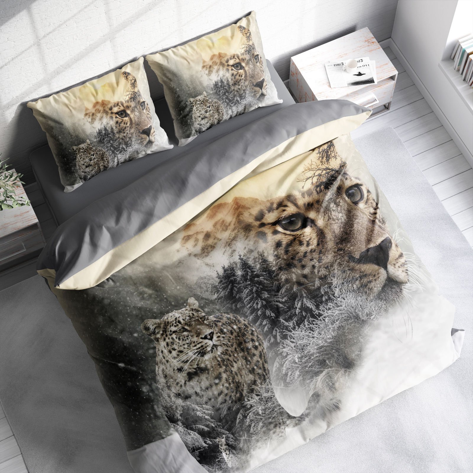 Leopar Çift Kişilik Nevresim Takımı Özel Dokuma Pamuk Saten Snow Leopard