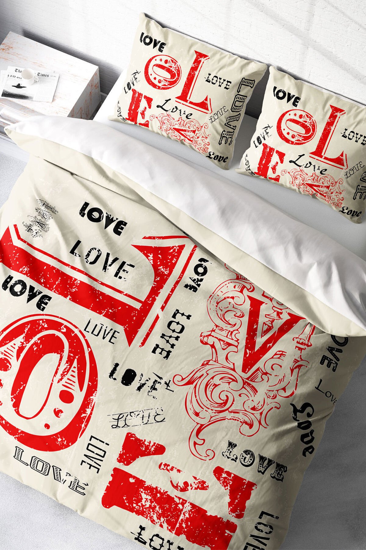 Lastikli Çarşaflı %100 Pamuk Saten Çift Kişilik Nevresim Takımı Love