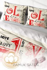 Lastikli Çarşaflı %100 Pamuk Saten Çift Kişilik Nevresim Takımı Love