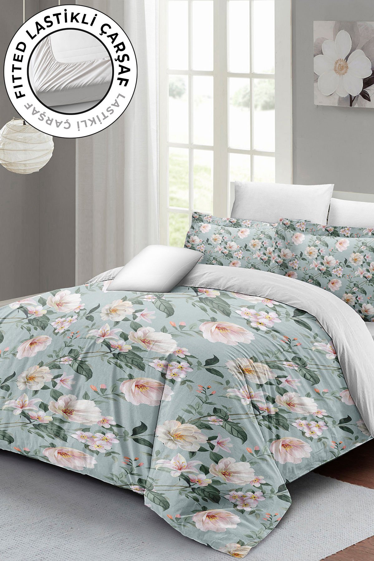 Lastikli Çarşaflı %100 Pamuk Saten Çift Kişilik Nevresim Takımı Spring Fresh Luxury