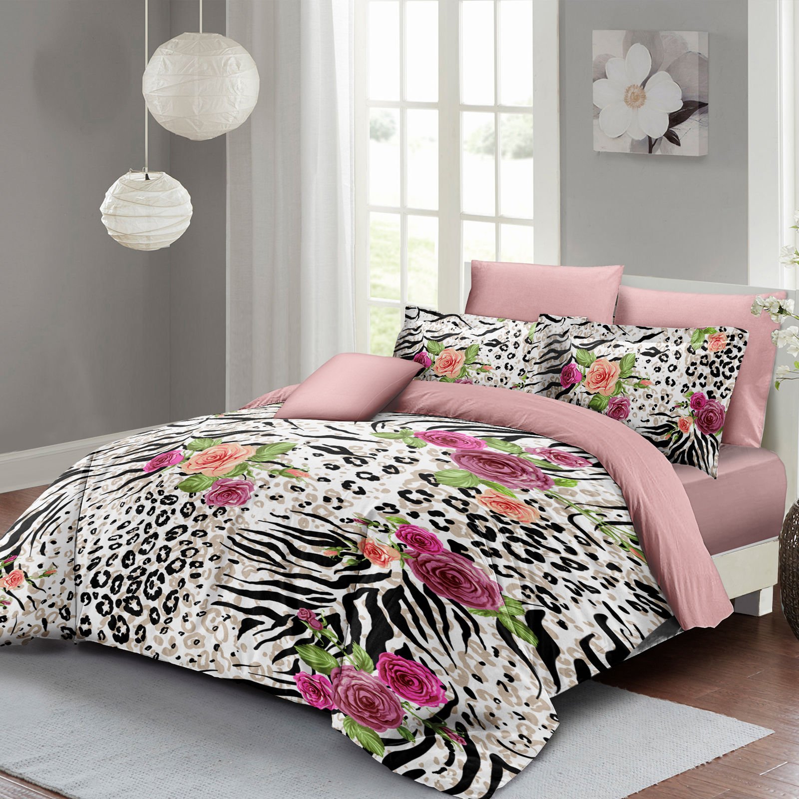 Leopar Çift Kişilik Nevresim Takımı Özel Dokuma Pamuk Saten Zebra Flowers