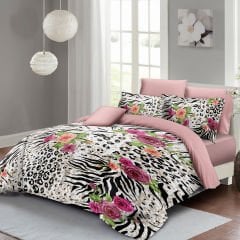 Leopar Çift Kişilik Nevresim Takımı Özel Dokuma Pamuk Saten Zebra Flowers