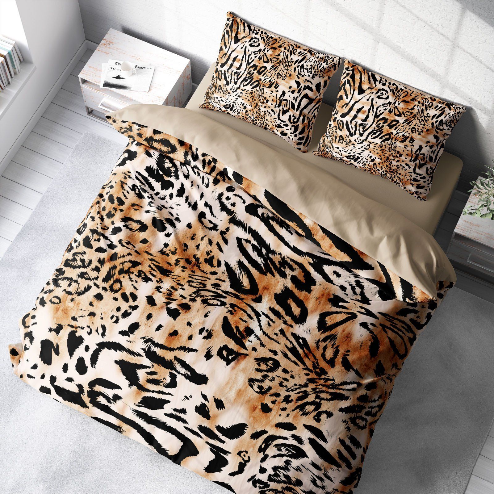 Leopar Çift Kişilik Nevresim Takımı Özel Dokuma Pamuk Saten Drawing Leopard