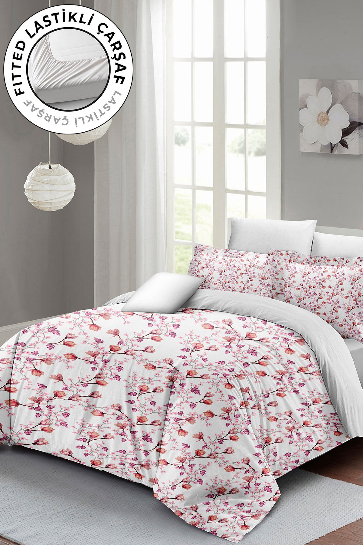 Lastikli Çarşaflı %100 Pamuk Saten Çift Kişilik Nevresim Takımı Cherry Blossom Luxury