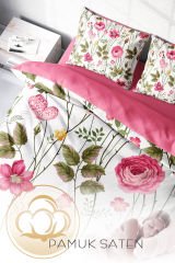 Lastikli Çarşaflı %100 Pamuk Saten Çift Kişilik Nevresim Takımı Relax Flower