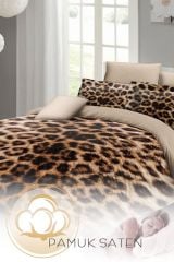 Leopar Çift Kişilik Nevresim Takımı Özel Dokuma Pamuk Saten Leopard Feathers