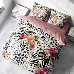 Leopar Çift Kişilik Nevresim Takımı Özel Dokuma Pamuk Saten Zebra Flowers