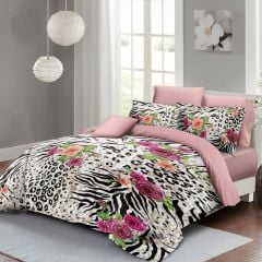 Leopar Çift Kişilik Nevresim Takımı Özel Dokuma Pamuk Saten Zebra Flowers