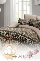 Leopar Çift Kişilik Nevresim Takımı Özel Dokuma Pamuk Saten Leopard Fabric
