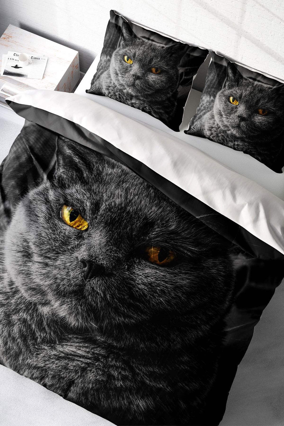 Çift Kişilik Nevresim Seti Sık Dokuma Pamuk Saten 3d Özel Tasarım Serious Cat Naturel (çarşafsızdır)