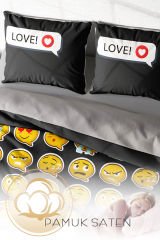 Lastikli Çarşaflı %100 Pamuk Saten Çift Kişilik Nevresim Takımı I Love Emoji