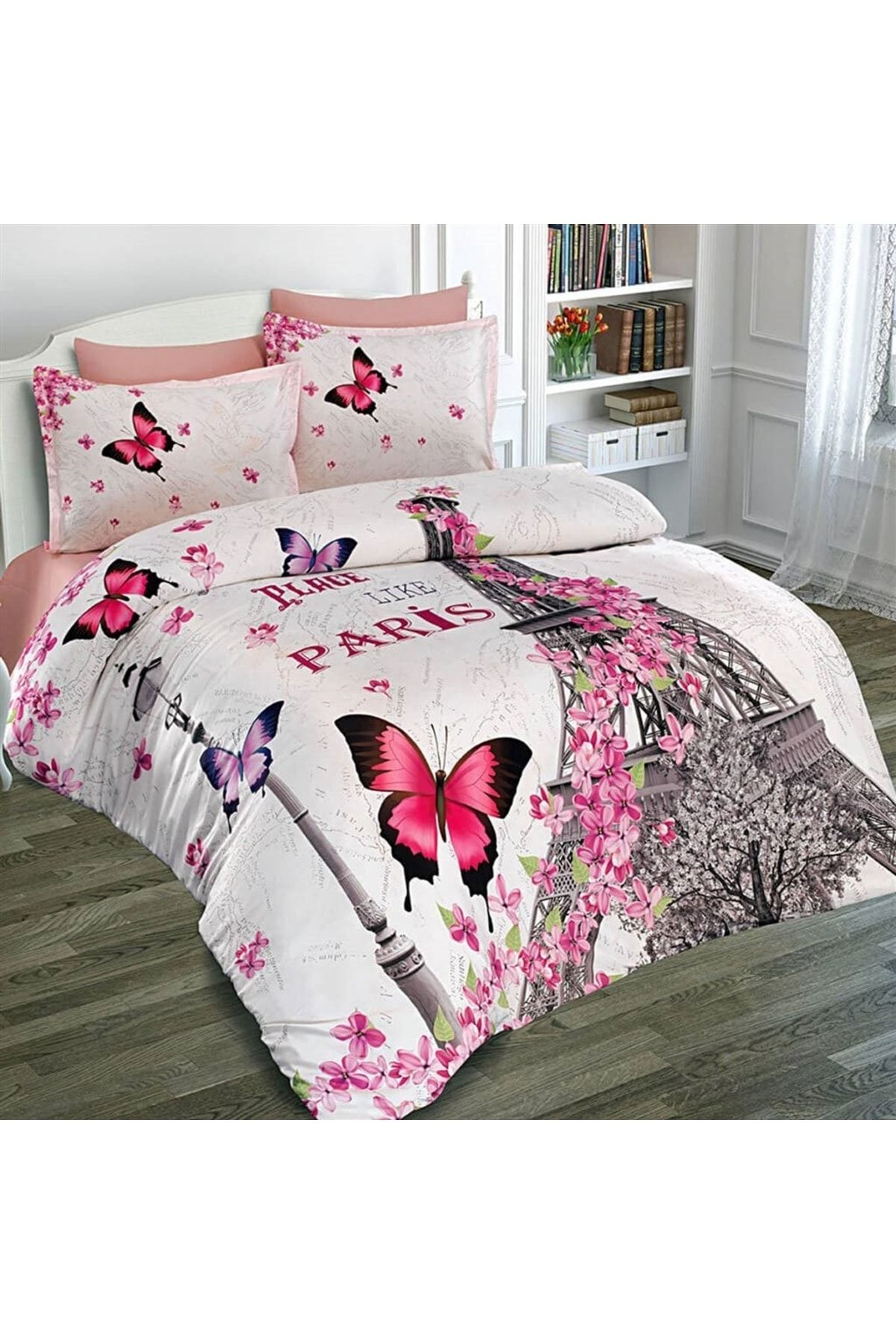 Çift Kişilik Nevresim Seti Sık Dokuma Pamuk Saten 3d Özel Tasarım Butterfly Paris (çarşafsızdır)