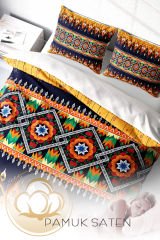 Lastikli Çarşaflı %100 Pamuk Saten Çift Kişilik Nevresim Takımı Oriental Ethnic