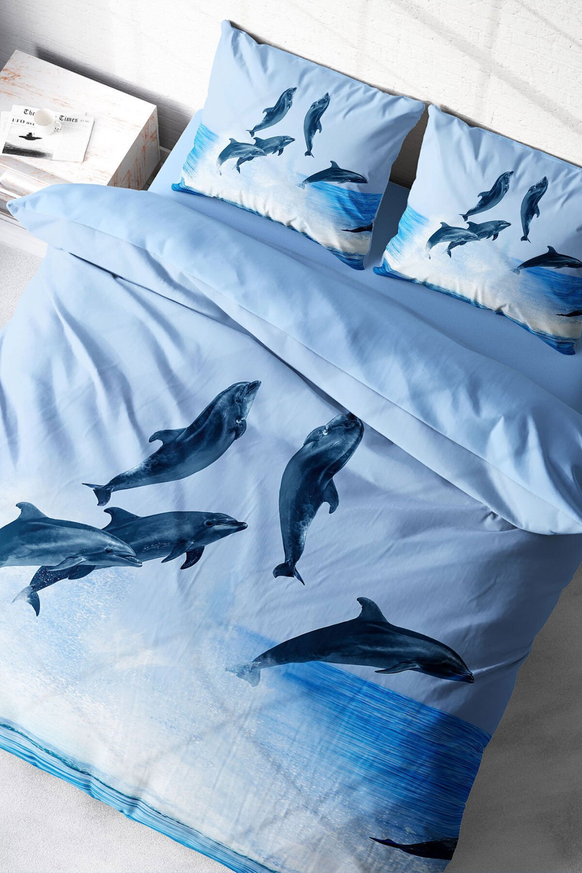 Lastikli Çarşaflı %100 Pamuk Saten Çift Kişilik Nevresim Takımı Dolphin2