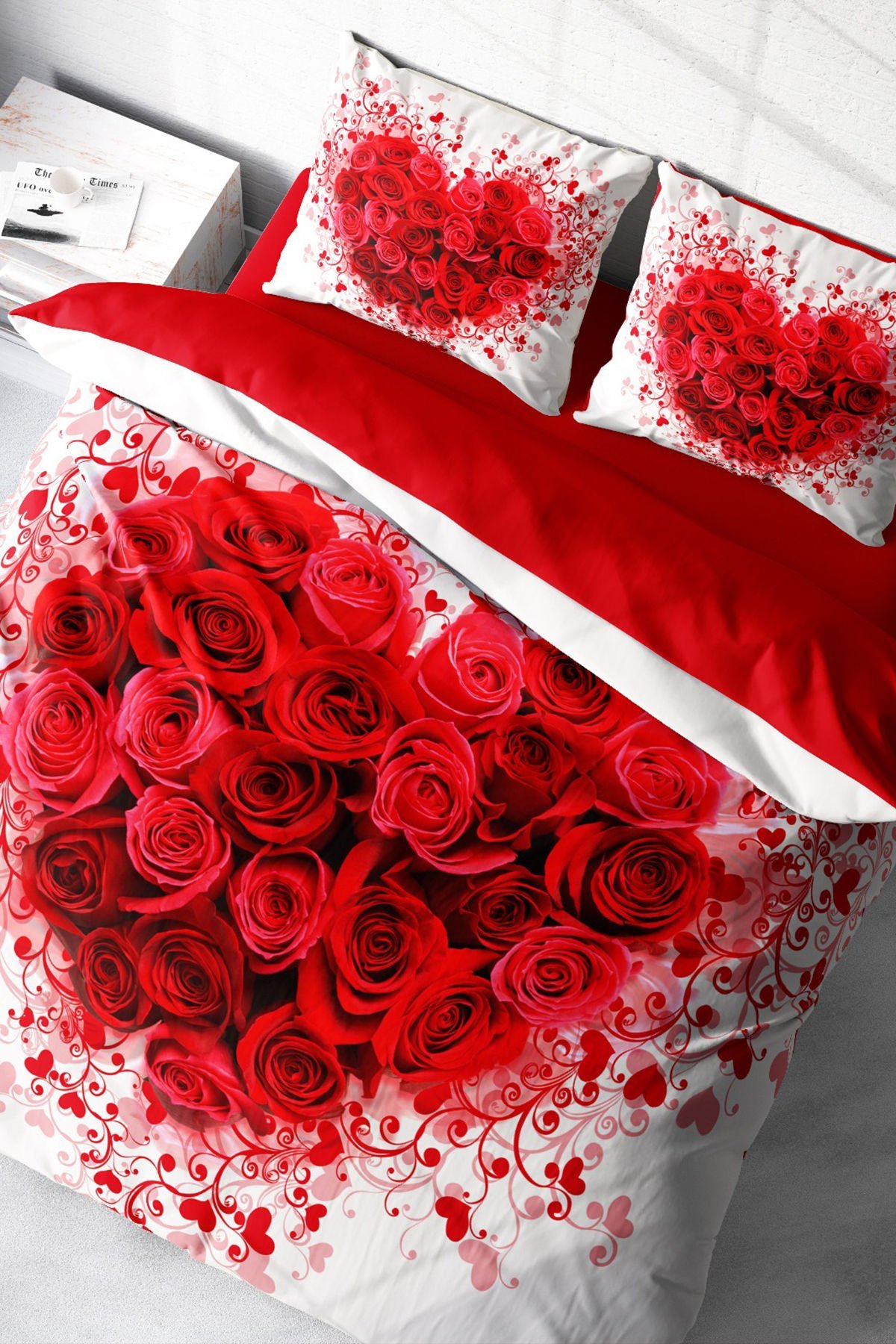 Kalpli Nevresim Lastikli Çarşaflı  3d Dijital Özel Tasarım Pamuk Saten Çift Kişilik Rose Heart