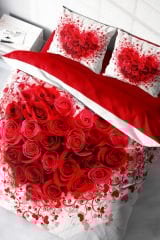 Kalpli Nevresim Lastikli Çarşaflı  3d Dijital Özel Tasarım Pamuk Saten Çift Kişilik Rose Heart