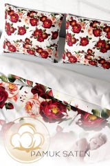 Lastikli Çarşaflı %100 Pamuk Saten Çift Kişilik Nevresim Takımı Red Rose