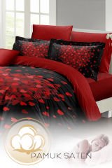 Sevgililer Günü Pamuk Saten Çift Kişilik Kalpli Nevresim Heart Black