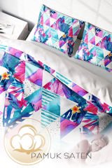 Lastikli Çarşaflı %100 Pamuk Saten Çift Kişilik Nevresim Takımı Geometric Tropical