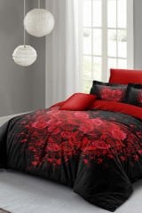 Kalpli Nevresim 3d Dijital Özel Tasarım Pamuk Saten Çift Kişilik Rose Heart Black