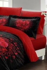 Kalpli Nevresim 3d Dijital Özel Tasarım Pamuk Saten Çift Kişilik Rose Heart Black