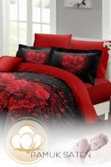 Kalpli Nevresim 3d Dijital Özel Tasarım Pamuk Saten Çift Kişilik Rose Heart Black