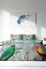 Lastikli Çarşaflı %100 Pamuk Saten Çift Kişilik Nevresim Takımı World Parrots
