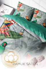 Lastikli Çarşaflı %100 Pamuk Saten Çift Kişilik Nevresim Takımı World Parrots
