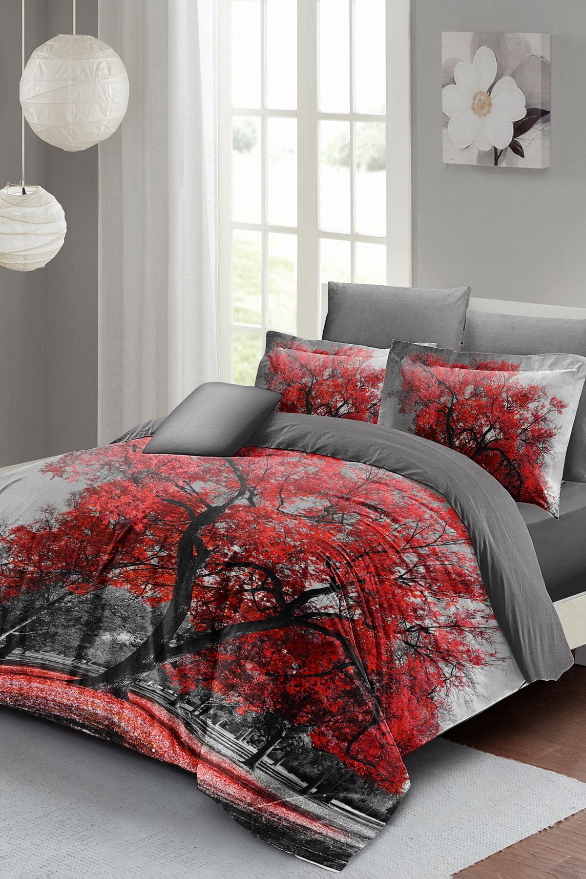 Çift Kişilik Nevresim Seti Sık Dokuma Pamuk Saten 3d Özel Tasarım Red Tree (çarşafsızdır)