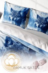 Lastikli Çarşaflı %100 Pamuk Saten Çift Kişilik Nevresim Takımı Lonely Wolf