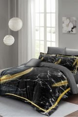 Lastikli Çarşaflı %100 Pamuk Saten Çift Kişilik Nevresim Takımı Dark Marble