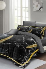 Lastikli Çarşaflı %100 Pamuk Saten Çift Kişilik Nevresim Takımı Dark Marble