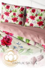 Lastikli Çarşaflı %100 Pamuk Saten Çift Kişilik Nevresim Takımı Aquarelle Rose