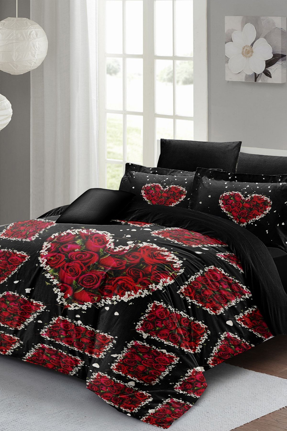 Çift Kişilik Nevresim Seti Sık Dokuma Pamuk Saten 3d Özel Tasarım Black Roses (çarşafsızdır)