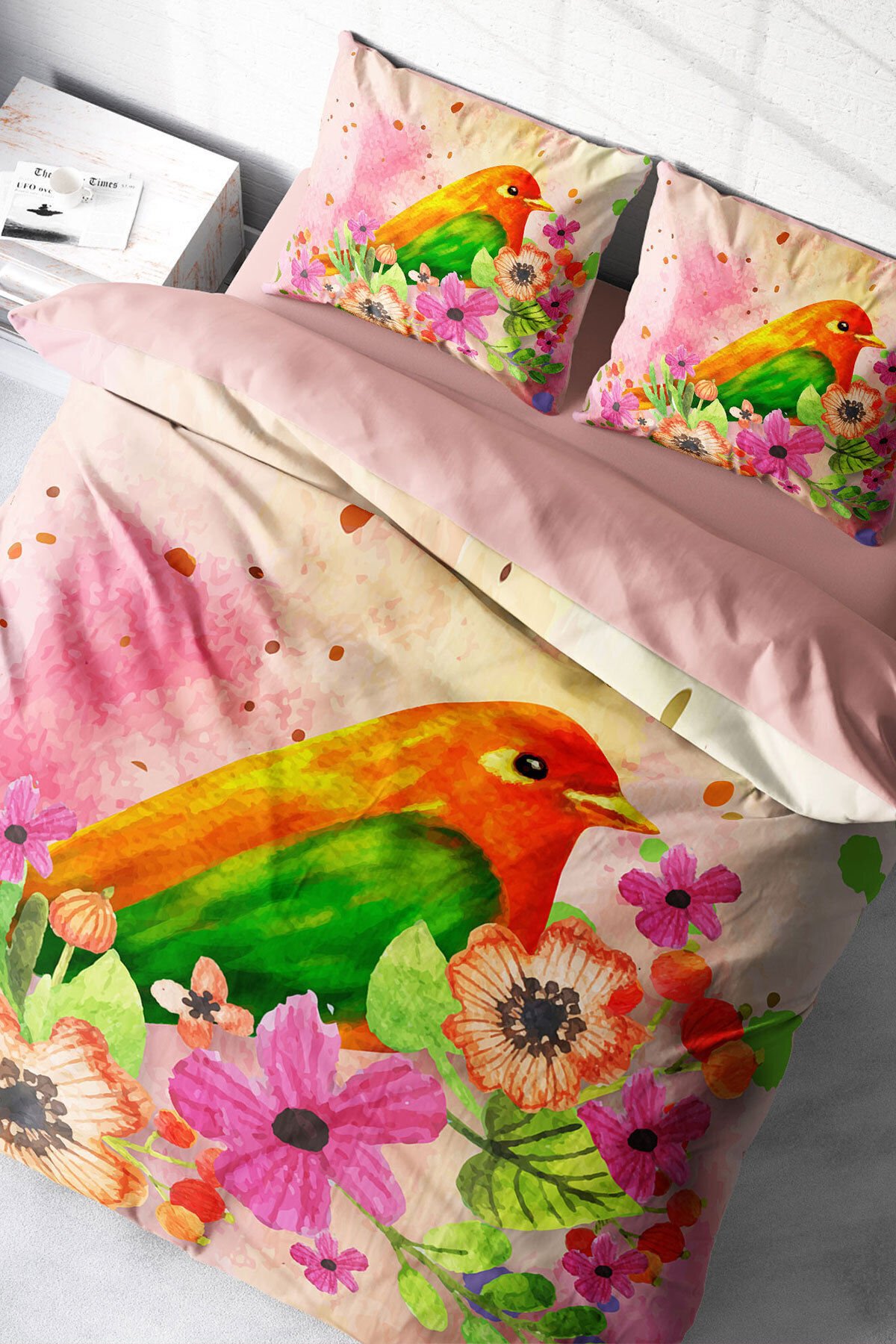 Lastikli Çarşaflı %100 Pamuk Saten Çift Kişilik Nevresim Takımı Bird Nest