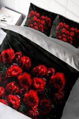 Çift Kişilik Nevresim Seti Sık Dokuma Pamuk Saten 3d Özel Tasarım Red Black Roses (çarşafsızdır)