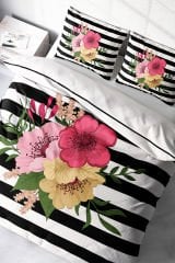 Lastikli Çarşaflı %100 Pamuk Saten Çift Kişilik Nevresim Takımı Flower Line