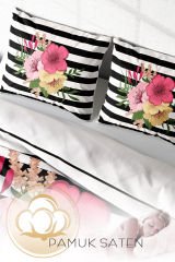 Lastikli Çarşaflı %100 Pamuk Saten Çift Kişilik Nevresim Takımı Flower Line