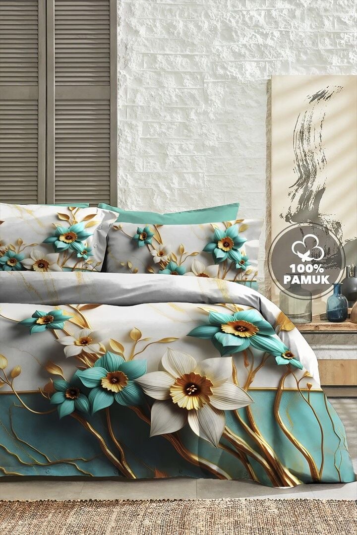 %100 Pamuk Ranforce Çeyizlik Luxury 5d Dijital Çift Kişilik Nevresim Takımı Turkuaz