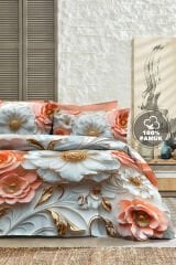 %100 Pamuk Ranforce Çeyizlik Luxury 5d Dijital Çift Kişilik Nevresim Takımı Gold Rose