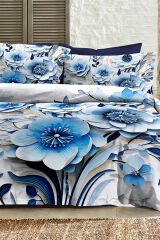 %100 Pamuk Ranforce Çeyizlik Luxury 5d Dijital Çift Kişilik Nevresim Takımı Blue