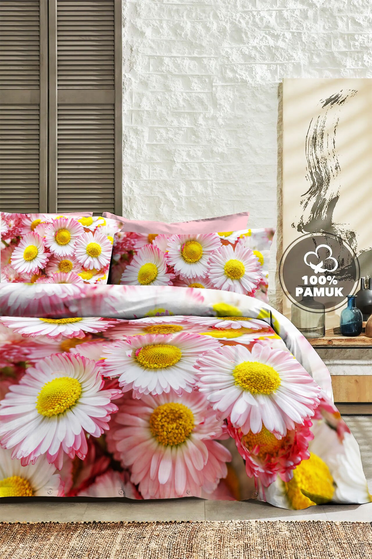 %100 Pamuk Ranforce Çeyizlik Luxury 5d Dijital Çift Kişilik Nevresim Takımı Papatya