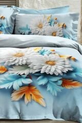 %100 Pamuk Ranforce Çeyizlik Luxury 5d Dijital Çift Kişilik Nevresim Takımı Mavi Papatya