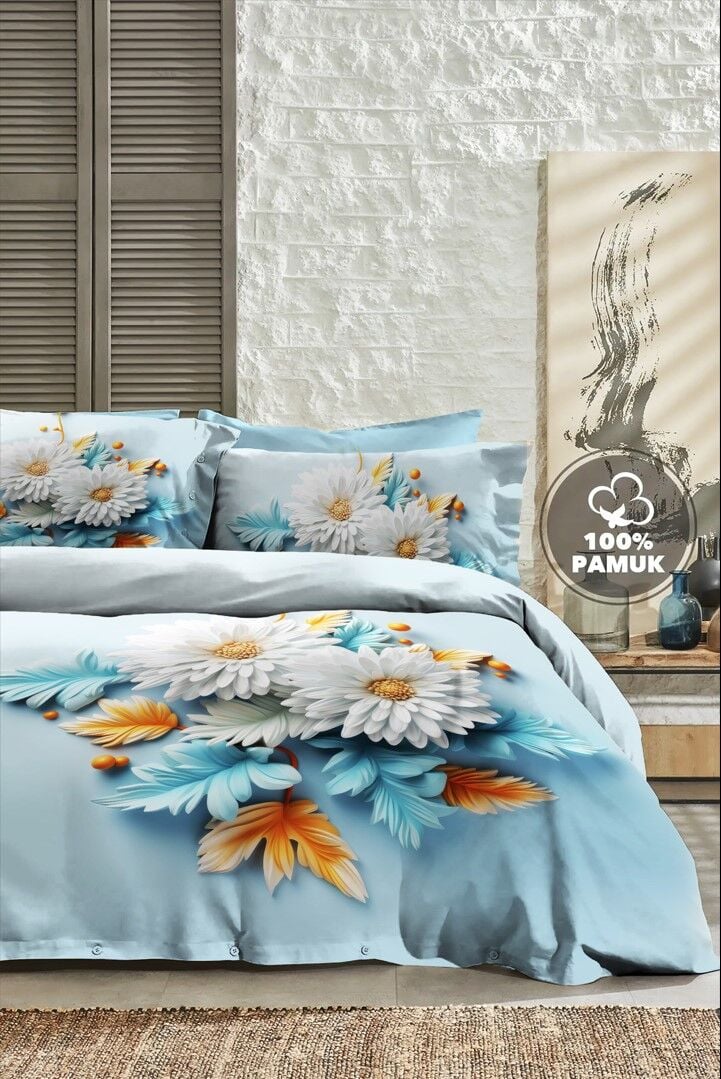 %100 Pamuk Ranforce Çeyizlik Luxury 5d Dijital Çift Kişilik Nevresim Takımı Mavi Papatya
