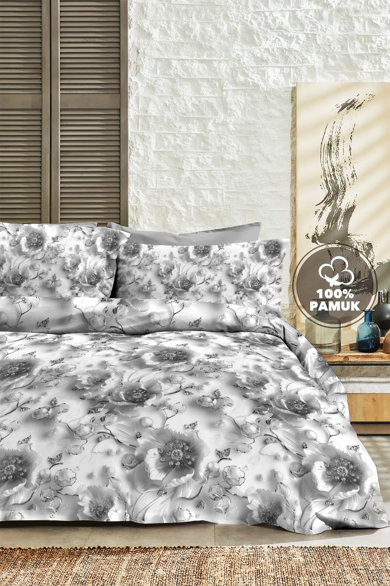 %100 Pamuk Ranforce Çeyizlik Luxury 5d Dijital Çift Kişilik Nevresim Takımı Gümüş