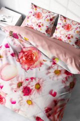 Lastikli Çarşaflı %100 Pamuk Saten Çift Kişilik Nevresim Takımı White Rose